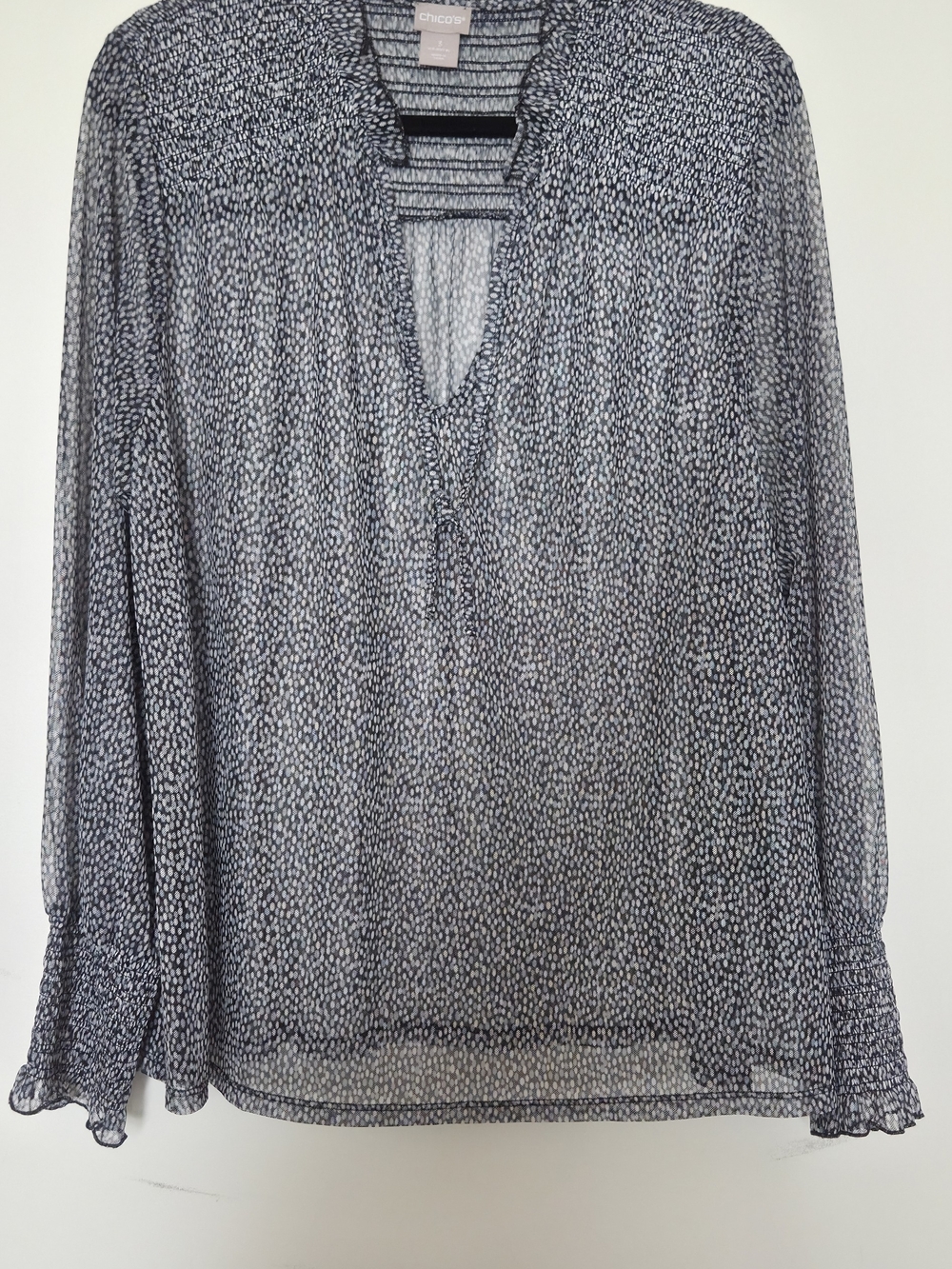 Chico's Size 3 Black and White Micro-Dot V-Neck Blouse